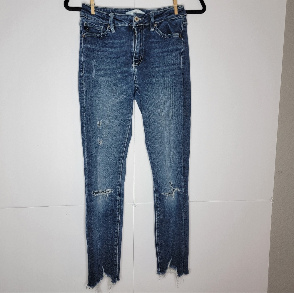 Kancan Medium Wash Distressed Skinny Jeans Size 24 Raw Hem Stretch Denim